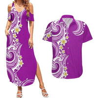 Aloha Polynesian Plumeria Flower Couples Matching Summer Maxi Dress and Hawaiian Shirt Purple Color LT03 Purple - Polynesian Pride