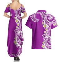 Aloha Polynesian Plumeria Flower Couples Matching Summer Maxi Dress and Hawaiian Shirt Purple Color LT03 - Polynesian Pride