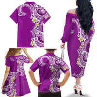 Aloha Polynesian Plumeria Flower Family Matching Off The Shoulder Long Sleeve Dress and Hawaiian Shirt Purple Color