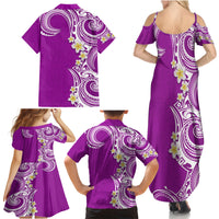 Aloha Polynesian Plumeria Flower Family Matching Summer Maxi Dress and Hawaiian Shirt Purple Color