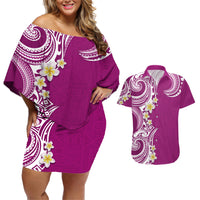 Aloha Polynesian Plumeria Flower Couples Matching Off Shoulder Short Dress and Hawaiian Shirt Pink Color LT03 Pink - Polynesian Pride