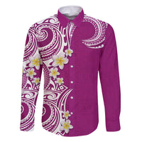 Aloha Polynesian Plumeria Flower Family Matching Long Sleeve Bodycon Dress and Hawaiian Shirt Pink Color LT03 Dad's Shirt - Long Sleeve Pink - Polynesian Pride