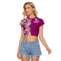 Aloha Polynesian Plumeria Flower Raglan Cropped T Shirt Pink Color