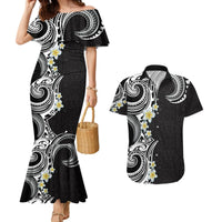 Aloha Polynesian Plumeria Flower Couples Matching Mermaid Dress and Hawaiian Shirt Black White Color LT03 Black - Polynesian Pride