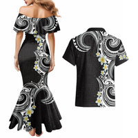 Aloha Polynesian Plumeria Flower Couples Matching Mermaid Dress and Hawaiian Shirt Black White Color LT03 - Polynesian Pride