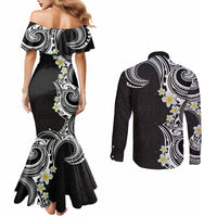 Aloha Polynesian Plumeria Flower Couples Matching Mermaid Dress and Long Sleeve Button Shirt Black White Color