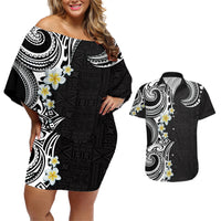 Aloha Polynesian Plumeria Flower Couples Matching Off Shoulder Short Dress and Hawaiian Shirt Black White Color LT03 Black - Polynesian Pride