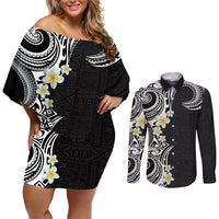Aloha Polynesian Plumeria Flower Couples Matching Off Shoulder Short Dress and Long Sleeve Button Shirt Black White Color