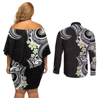 Aloha Polynesian Plumeria Flower Couples Matching Off Shoulder Short Dress and Long Sleeve Button Shirt Black White Color