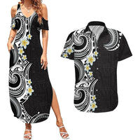 Aloha Polynesian Plumeria Flower Couples Matching Summer Maxi Dress and Hawaiian Shirt Black White Color LT03 Black - Polynesian Pride