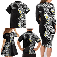 Aloha Polynesian Plumeria Flower Family Matching Long Sleeve Bodycon Dress and Hawaiian Shirt Black White Color LT03 - Polynesian Pride