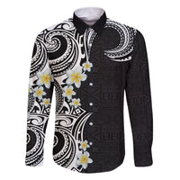 Aloha Polynesian Plumeria Flower Family Matching Mermaid Dress and Hawaiian Shirt Black White Color LT03 Dad's Shirt - Long Sleeve Black - Polynesian Pride