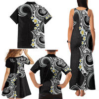 Aloha Polynesian Plumeria Flower Family Matching Tank Maxi Dress and Hawaiian Shirt Black White Color