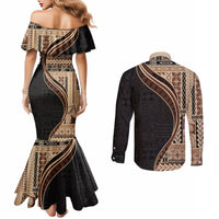 Samoa Siapo Motif and Tapa Pattern Half Style Couples Matching Mermaid Dress and Long Sleeve Button Shirt Beige Color LT03 - Polynesian Pride