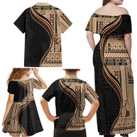 Samoa Siapo Motif and Tapa Pattern Half Style Family Matching Off Shoulder Maxi Dress and Hawaiian Shirt Beige Color