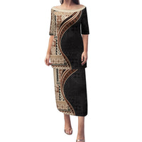 Samoa Siapo Motif and Tapa Pattern Half Style Puletasi Beige Color LT03 Long Dress Beige - Polynesian Pride