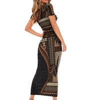 Samoa Siapo Motif and Tapa Pattern Half Style Family Matching Short Sleeve Bodycon Dress and Hawaiian Shirt Black Color