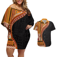 Samoa Siapo Motif and Tapa Pattern Half Style Couples Matching Off Shoulder Short Dress and Hawaiian Shirt Yellow Color LT03 Yellow - Polynesian Pride