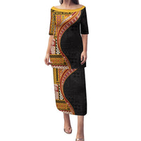 Samoa Siapo Motif and Tapa Pattern Half Style Puletasi Yellow Color LT03 Long Dress Yellow - Polynesian Pride