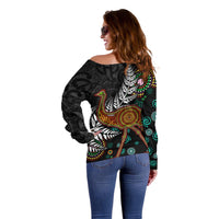 New Zealand Fern and Australia Emu Off Shoulder Sweater Aboriginal Mix Maori Pattern