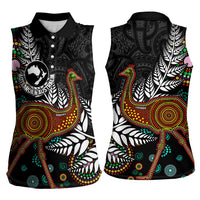 New Zealand Fern and Australia Emu Women Sleeveless Polo Shirt Aboriginal Mix Maori Pattern