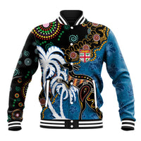 Fiji Palm Tree and Australia Kangaroo Baseball Jacket Aboriginal Mix Tapa Pattern LT03 Unisex Blue - Polynesian Pride