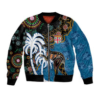 Fiji Palm Tree and Australia Kangaroo Bomber Jacket Aboriginal Mix Tapa Pattern LT03 Unisex Blue - Polynesian Pride