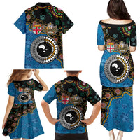 Fiji Palm Tree and Australia Kangaroo Family Matching Puletasi and Hawaiian Shirt Aboriginal Mix Tapa Pattern LT03 - Polynesian Pride