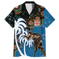 Fiji Palm Tree and Australia Kangaroo Family Matching Puletasi and Hawaiian Shirt Aboriginal Mix Tapa Pattern LT03 Dad's Shirt - Short Sleeve Blue - Polynesian Pride