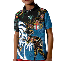 Fiji Palm Tree and Australia Kangaroo Kid Polo Shirt Aboriginal Mix Tapa Pattern LT03 Kid Blue - Polynesian Pride