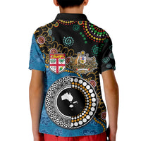Fiji Palm Tree and Australia Kangaroo Kid Polo Shirt Aboriginal Mix Tapa Pattern LT03 - Polynesian Pride