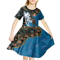 Fiji Palm Tree and Australia Kangaroo Kid Short Sleeve Dress Aboriginal Mix Tapa Pattern