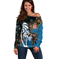 Fiji Palm Tree and Australia Kangaroo Off Shoulder Sweater Aboriginal Mix Tapa Pattern LT03 Women Blue - Polynesian Pride
