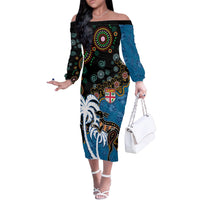 Fiji Palm Tree and Australia Kangaroo Off The Shoulder Long Sleeve Dress Aboriginal Mix Tapa Pattern LT03 Women Blue - Polynesian Pride
