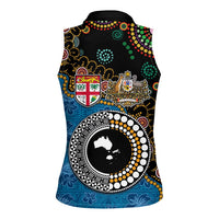 Fiji Palm Tree and Australia Kangaroo Women Sleeveless Polo Shirt Aboriginal Mix Tapa Pattern LT03 - Polynesian Pride