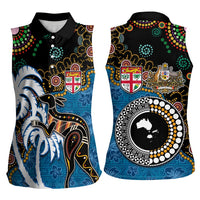 Fiji Palm Tree and Australia Kangaroo Women Sleeveless Polo Shirt Aboriginal Mix Tapa Pattern LT03 - Polynesian Pride