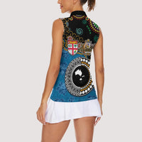 Fiji Palm Tree and Australia Kangaroo Women Sleeveless Polo Shirt Aboriginal Mix Tapa Pattern LT03 - Polynesian Pride
