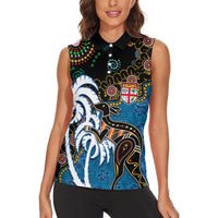 Fiji Palm Tree and Australia Kangaroo Women Sleeveless Polo Shirt Aboriginal Mix Tapa Pattern LT03 - Polynesian Pride