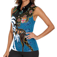 Fiji Palm Tree and Australia Kangaroo Women Sleeveless Polo Shirt Aboriginal Mix Tapa Pattern LT03 - Polynesian Pride