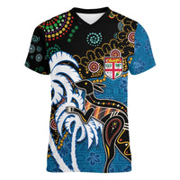 Fiji Palm Tree and Australia Kangaroo Women V-Neck T-Shirt Aboriginal Mix Tapa Pattern