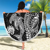 Aotearoa Maori Sea Animals Tribal Beach Blanket Manta Ray and Shark Moko Pattern Black Color