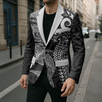 Aotearoa Maori Sea Animals Tribal Blazer Manta Ray and Shark Moko Pattern Black Color