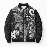 Aotearoa Maori Sea Animals Tribal Bomber Puffer Jacket Manta Ray and Shark Moko Pattern Black Color