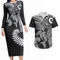 Aotearoa Maori Sea Animals Tribal Couples Matching Long Sleeve Bodycon Dress and Hawaiian Shirt Manta Ray and Shark Moko Pattern Black Color LT03 Black - Polynesian Pride
