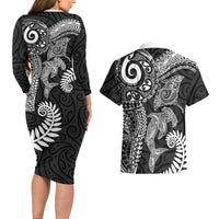 Aotearoa Maori Sea Animals Tribal Couples Matching Long Sleeve Bodycon Dress and Hawaiian Shirt Manta Ray and Shark Moko Pattern Black Color LT03 - Polynesian Pride