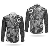Aotearoa Maori Sea Animals Tribal Couples Matching Off Shoulder Maxi Dress and Long Sleeve Button Shirt Manta Ray and Shark Moko Pattern Black Color LT03 - Polynesian Pride