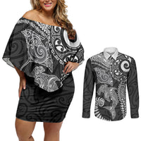 Aotearoa Maori Sea Animals Tribal Couples Matching Off Shoulder Short Dress and Long Sleeve Button Shirt Manta Ray and Shark Moko Pattern Black Color LT03 Black - Polynesian Pride