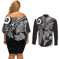 Aotearoa Maori Sea Animals Tribal Couples Matching Off Shoulder Short Dress and Long Sleeve Button Shirt Manta Ray and Shark Moko Pattern Black Color LT03 - Polynesian Pride