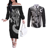 Aotearoa Maori Sea Animals Tribal Couples Matching Off The Shoulder Long Sleeve Dress and Long Sleeve Button Shirt Manta Ray and Shark Moko Pattern Black Color LT03 Black - Polynesian Pride