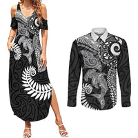 Aotearoa Maori Sea Animals Tribal Couples Matching Summer Maxi Dress and Long Sleeve Button Shirt Manta Ray and Shark Moko Pattern Black Color LT03 Black - Polynesian Pride